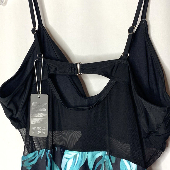 Womens One Piece Monokini Swimsuit Size XXXL Black Green Leaf Sheer Panels - Picture 14 of 15